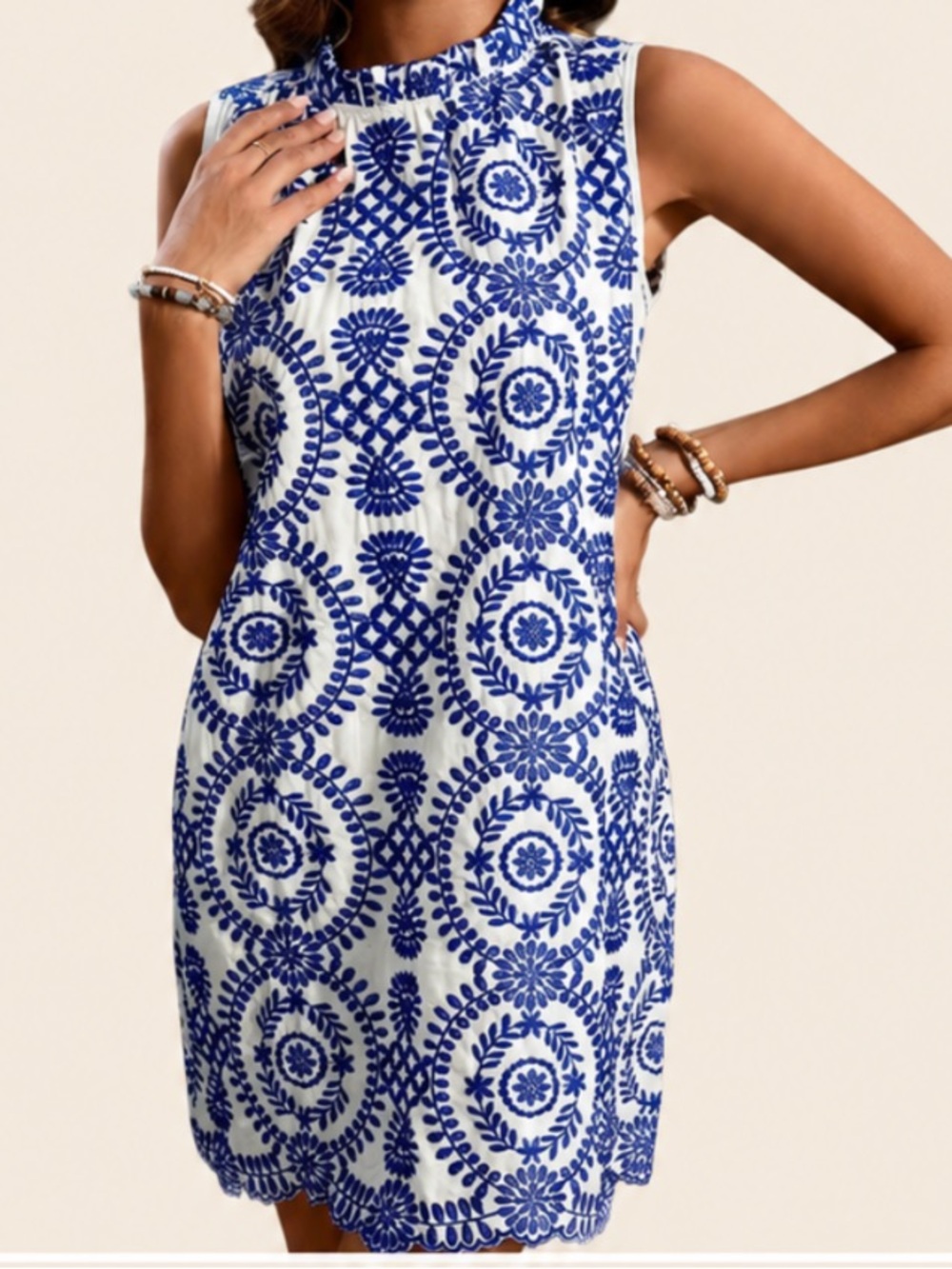 Sleeveless Blue & White Embroidered Shift Dress - Small